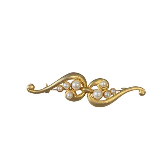 Vintage Gold-Tone Brooch With Faux Pearl Accents & Swirl Design - Picture 1 of 3